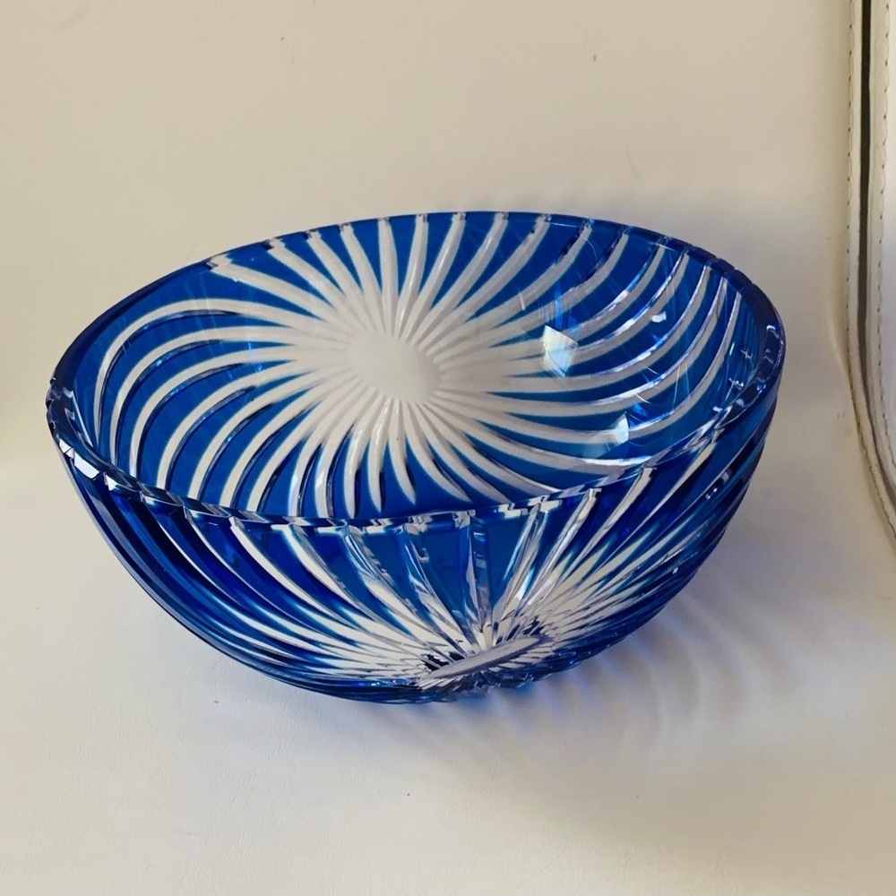 Mid Century Blue Cut Crystal Vintage Bowl